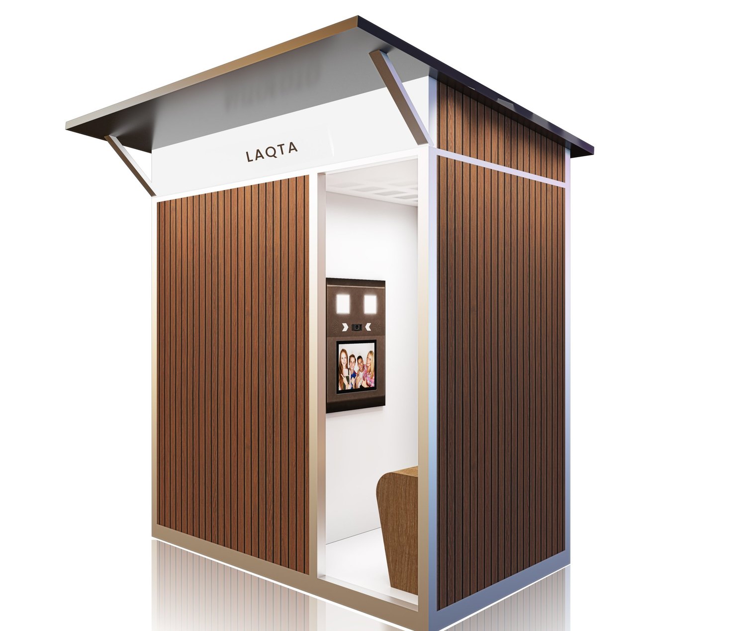 Three-quarter view of the Laqta booth showing the illuminated fascia, ribbed cladding and interior bench